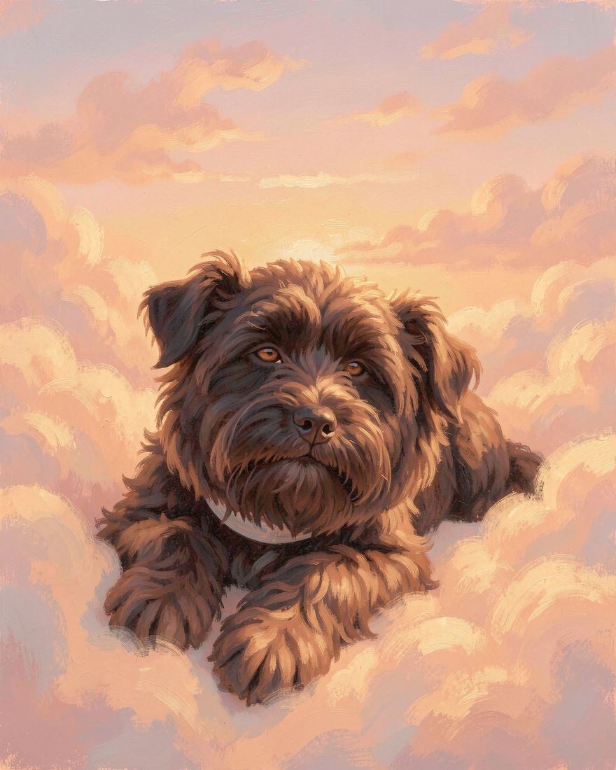 Forever pet portrait of Pepper, a black poodle mix, painted from a phone photo