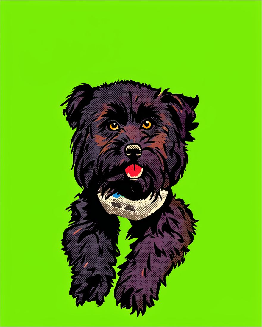 Pop Art pet portrait of Pepper, a black poodle mix, painted from a phone photo