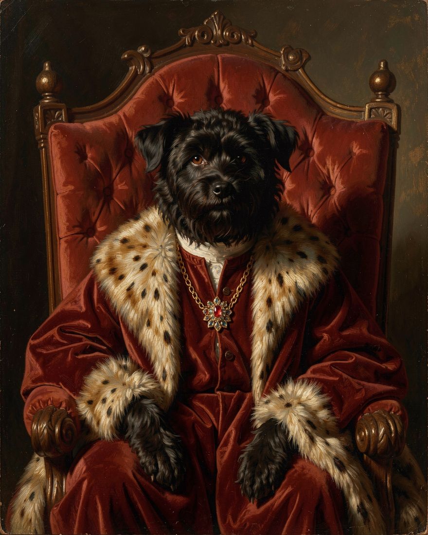 The Royal pet portrait of Pepper, a black poodle mix, painted from a phone photo