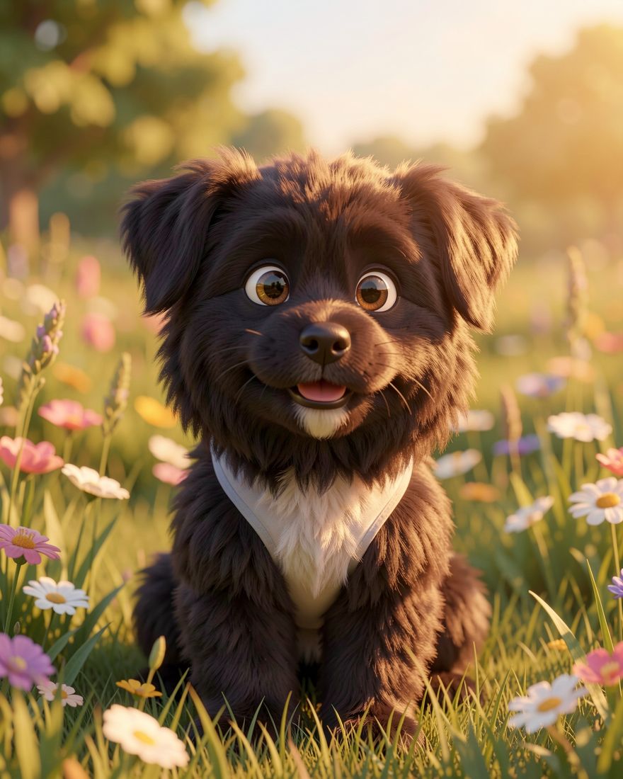 Storybook pet portrait of Pepper, a black poodle mix, painted from a phone photo